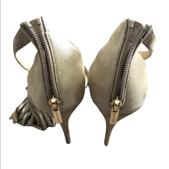 JIMMY CHOO Viola 110 Tan Suede Crystal Tassel High Heeled Sandals Size EU 37.5 - Picture 9 of 15